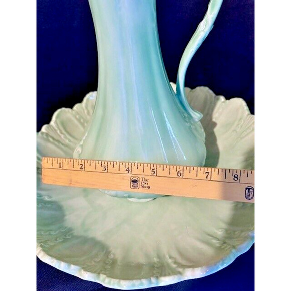 Victorian Style GREEN Ornate Ceramic Pitcher with Wash Basin Hand Painted - Picture 11 of 11